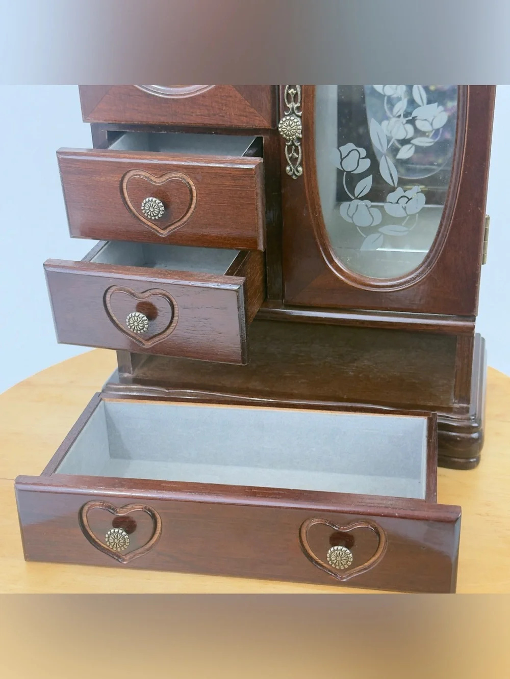 Wooden Heart-Drawer Jewelry Box with Mirrored Door - Dark Brown